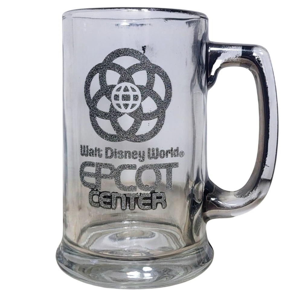 Vintage Walt Disney World EPCOT Center Glass Beer Mug Silver Logo Tankard 5.5in